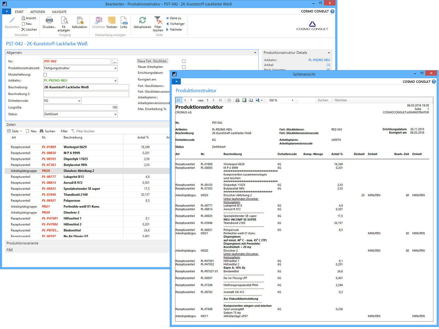 Screenshot: Produktionsstruktur Rezepturverwaltung in der Farben- und Lackindustrie von COSMO CONSULT für Microsoft Dynamics NAV