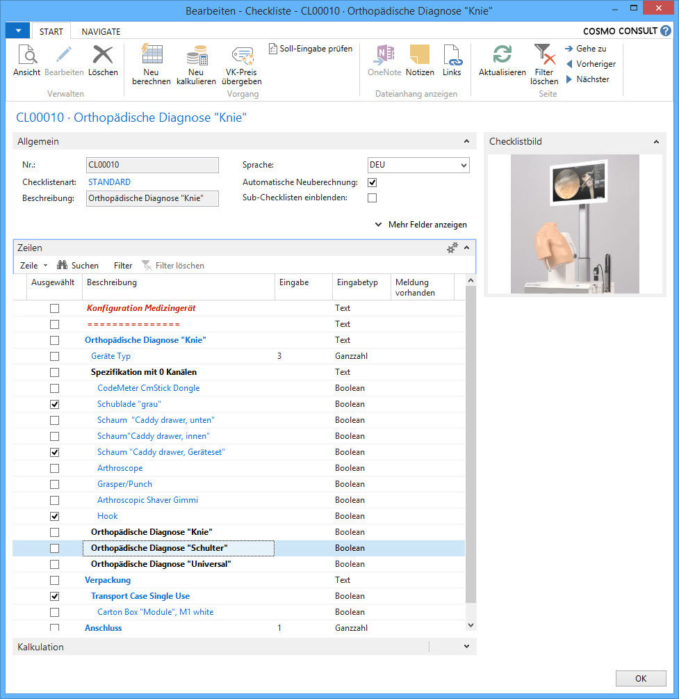 Screenshot "Checkliste mit künstlicher Schulter" im Medizingeräte- und -apparatebau von COSMO CONSULT für Microsoft Dynamics NAV