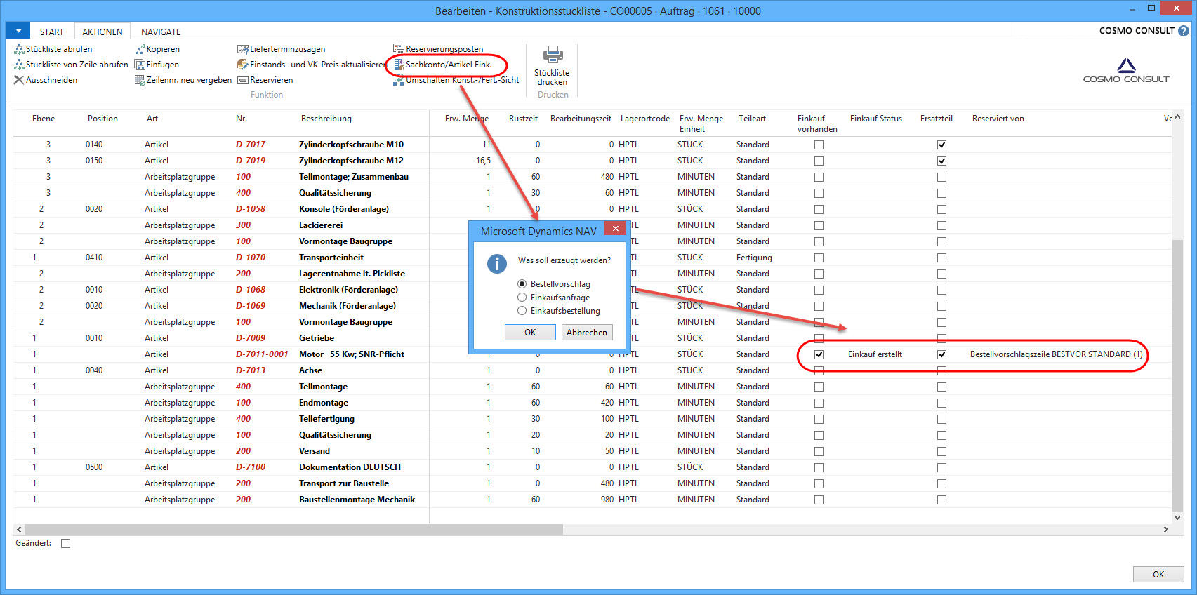 Screenshot "aus der Technik Langläuferteile bestellen" der Branchensoftware für den Sondermaschinenbau von COSMO CONSULT für Microsoft Dynamics NAV