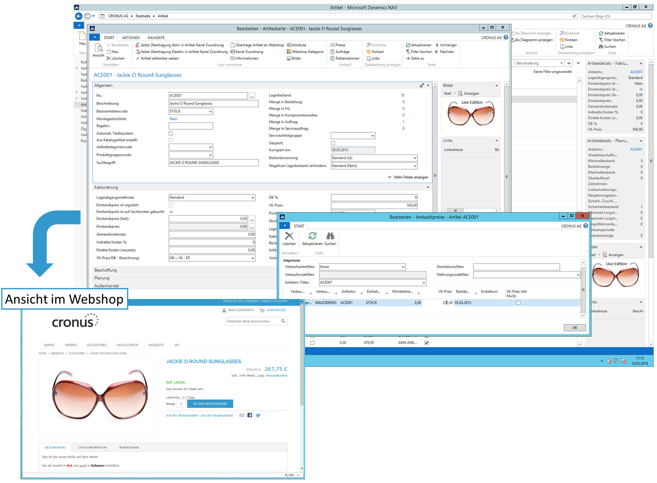 Screenshot: E-Commerce - bearbeiten der Verkaufspreise im ERP-System und Darstellung im Webshop von COSMO CONSULT für Microsoft Dynamics NAV